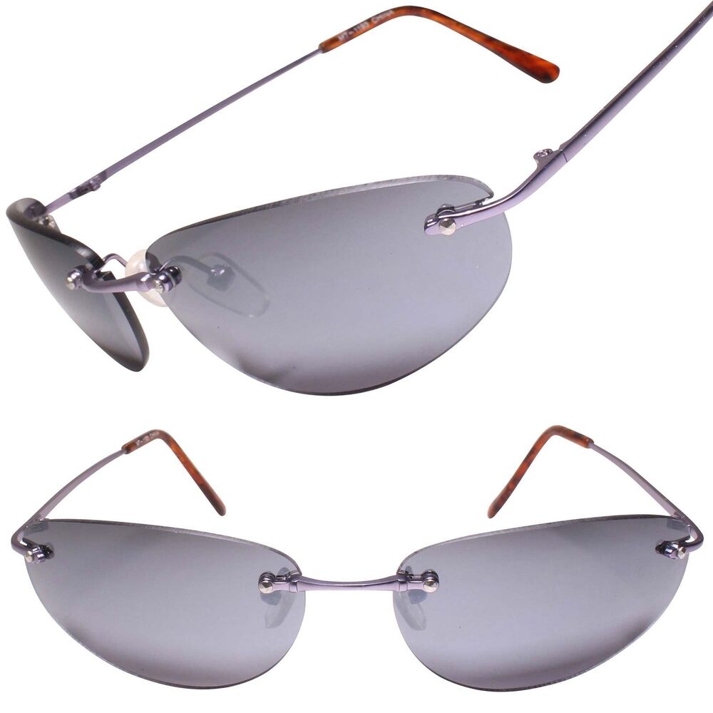 Classic Retro Stylish Rimless Rectangle Purple Gray Lens Wrap 80s 90s Sunglasses